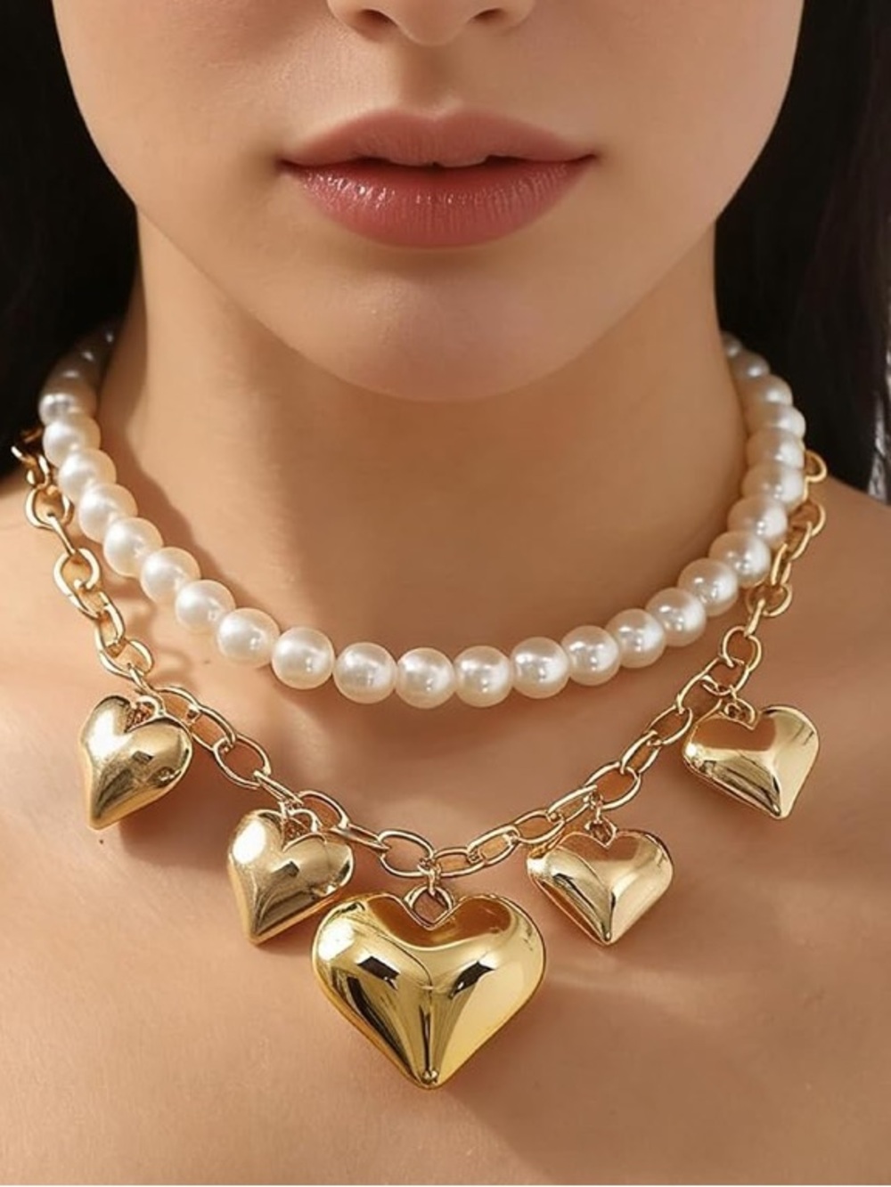 Anthropologie Gold Heart Charm Layered Pearl Choker